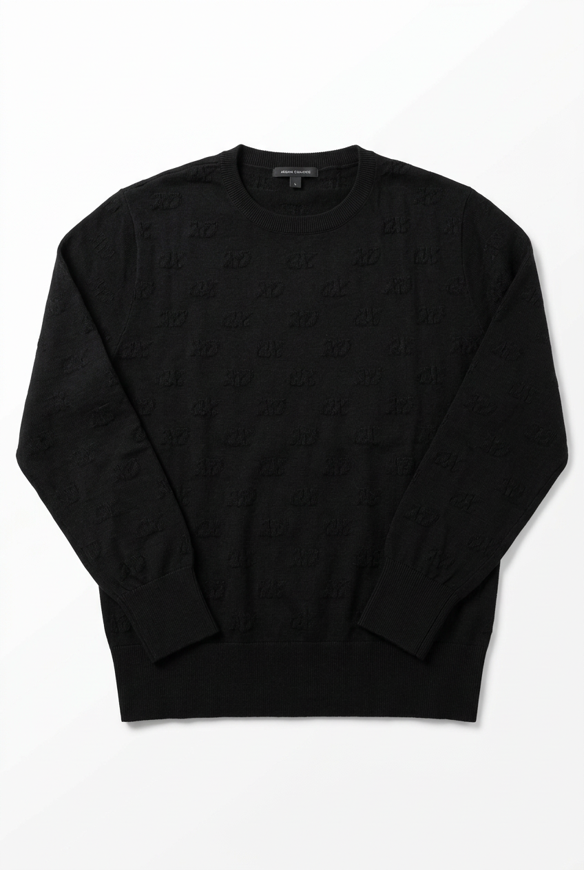 Pullover nero Armani Exchange con motivo logato su sfondo bianco